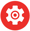 A red icon of a gear